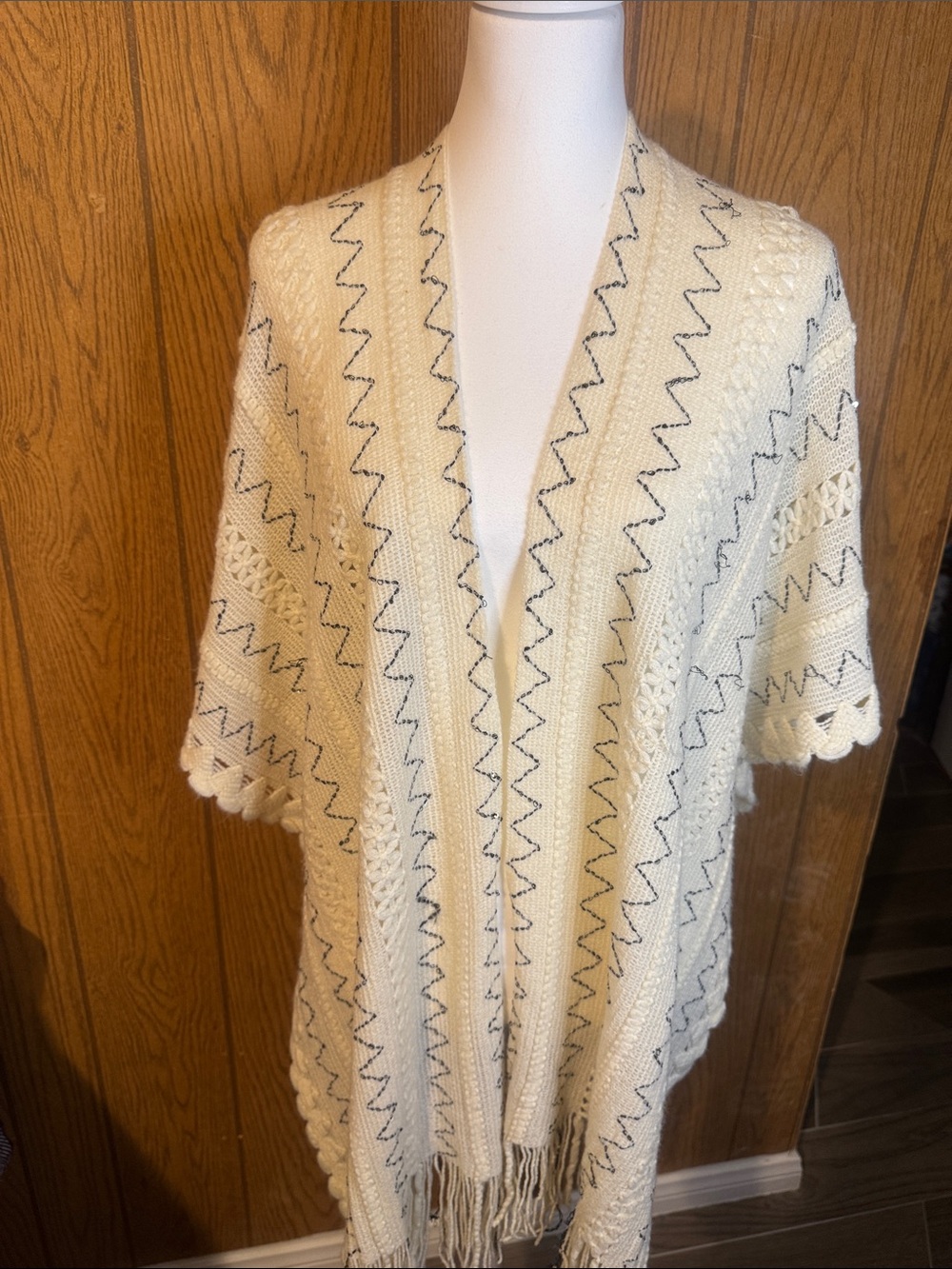 Open-Front Cream Fringe Knit Poncho Shrug